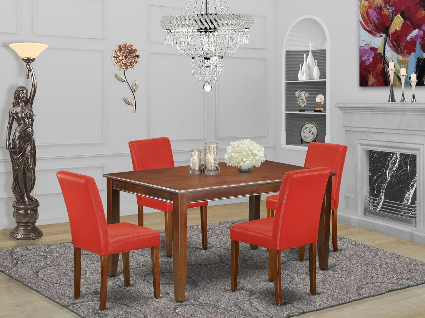 East West Furniture DUAB5-MAH-72 5 Piece Dinette Set for 4 Includes a Rectangle Dining Table and 4 Firebrick Red Faux Leather Parson Dining Room Chairs, 36x60 Inch, Mahogany