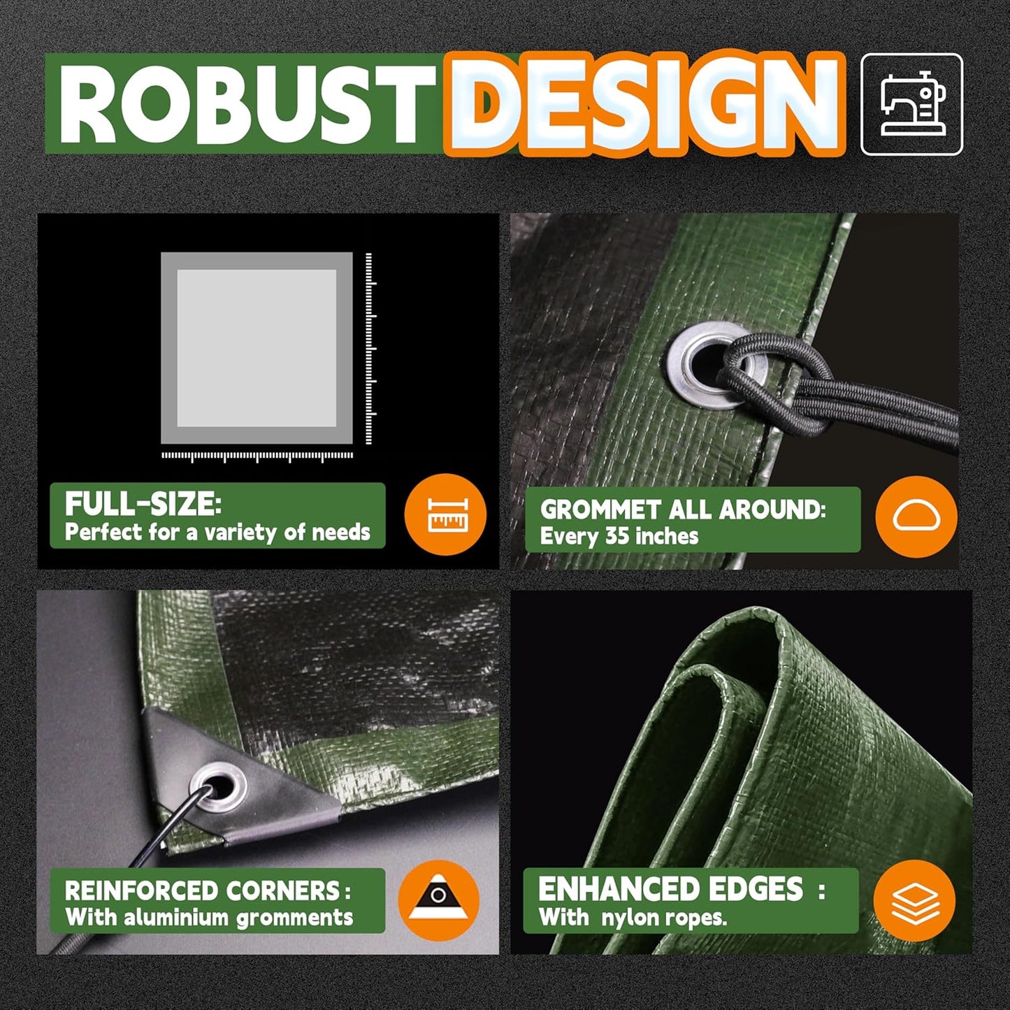 5x7 Feet Tarp Waterproof,Small Tarps,9Mil Thick,Finished Size Tarps,UV Resistant,Durable,Multipurpose Poly Tarp Cover with Metal Grommets and Reinforced Edges,Green/Black by RAINDEWAY