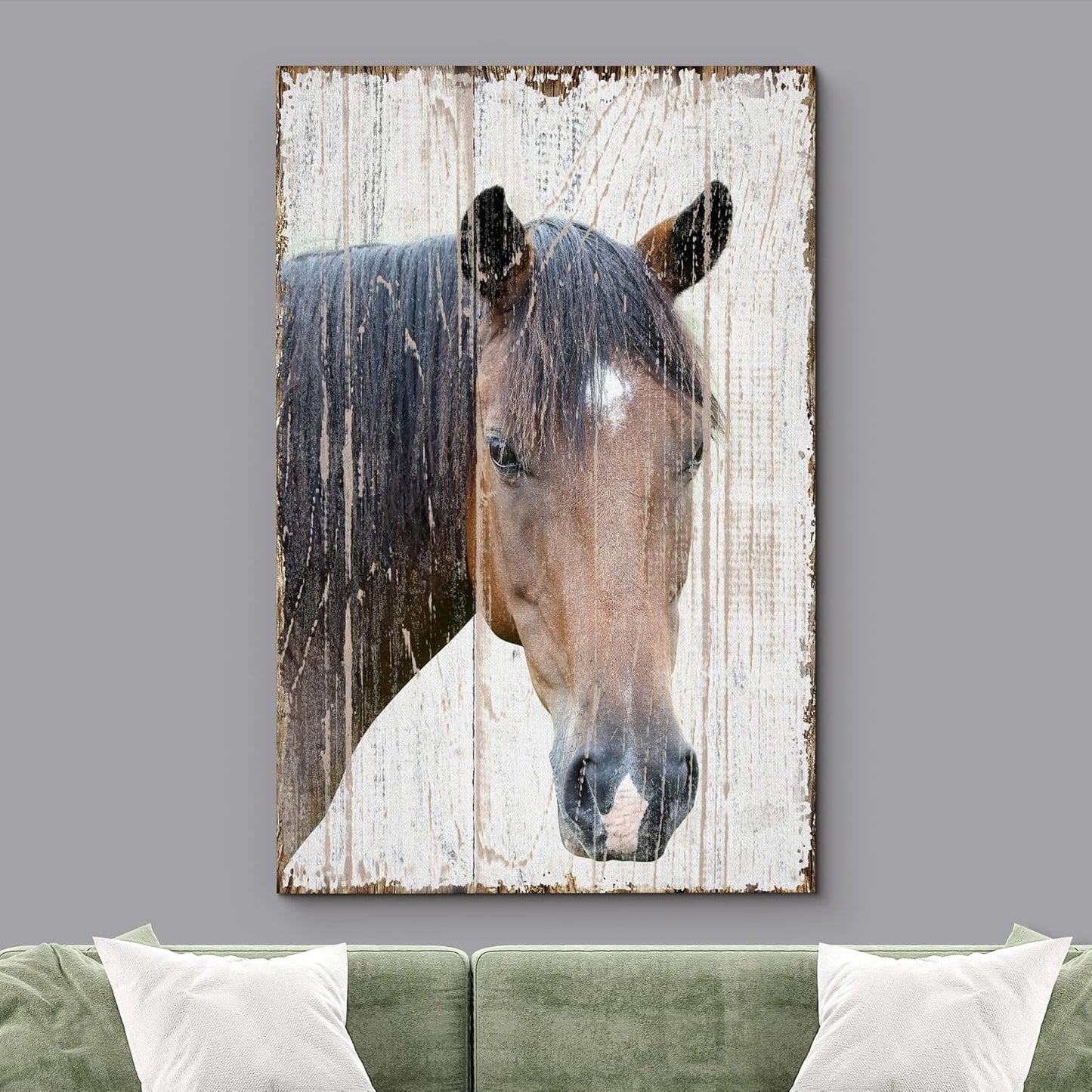 wall26 Canvas Print Wall Art Horse Portrait on Distressed Wood Panels Animals Wildlife Digital Art Realism Rustic Scenic Nature Photography Colorful for Living Room, Bedroom, Office - 12"x18"