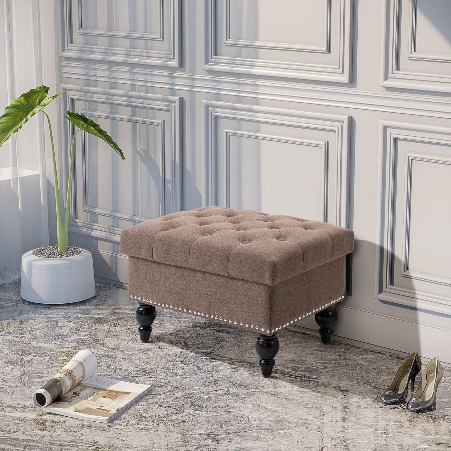 HOMCOM Ottoman with Storage for Living Room, 25" Storage Ottoman with Removable Lid, Button-Tufted Fabric Bench for Footrest and Seat with Wood Legs, Coffee