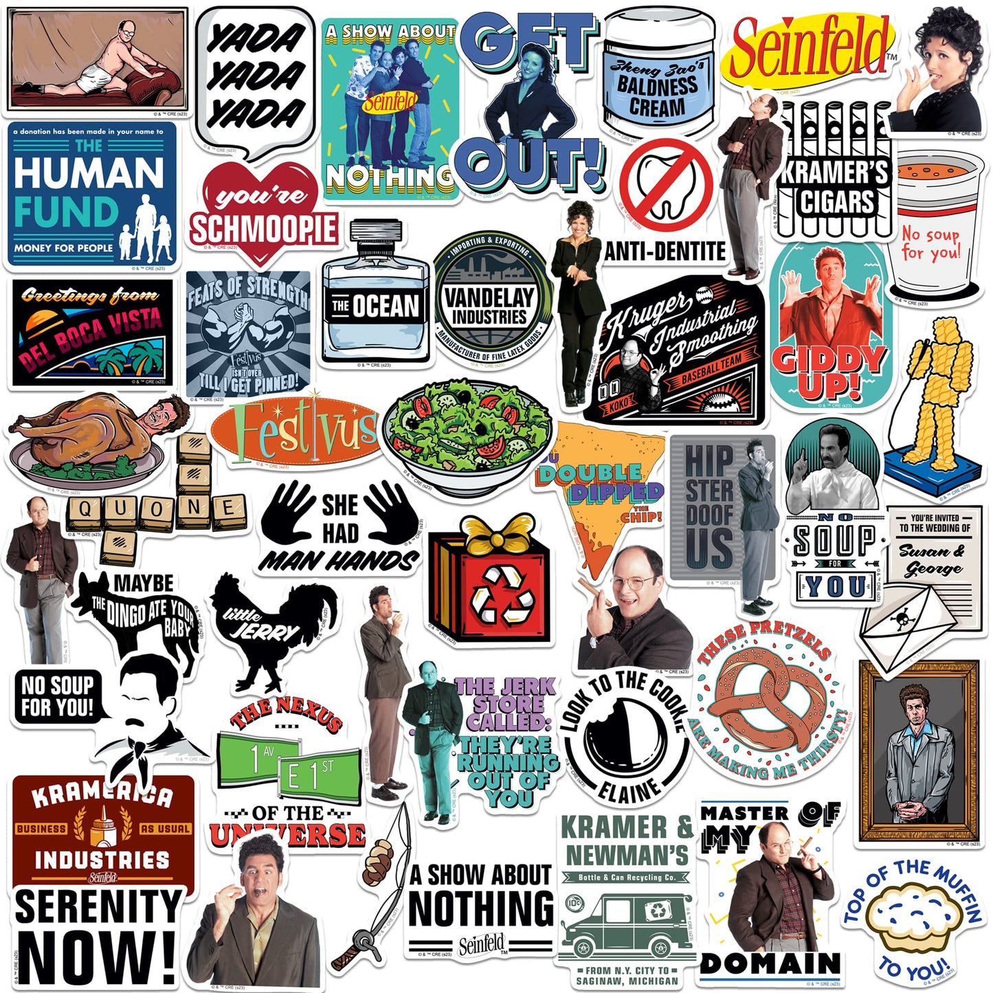 Seinfeld 50Ct Vinyl Large Deluxe Stickers Variety Pack - Laptop  Water Bottle  Scrapbooking  Tablet  Skateboard  Indoor/Outdoor - Set Of 50 -Like New