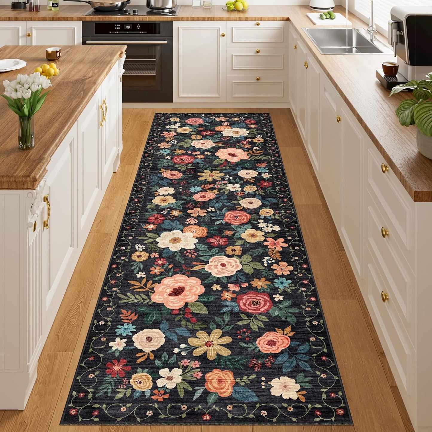 DUKINO Runner Rug, 2x10 Kitchen Runner Rug for Hallway with Non Slip Backing, Washable Low Pile Soft Boho Floral Carpet for Kitchen, Entryway, Hallway, Laundry, Bedroom, Black