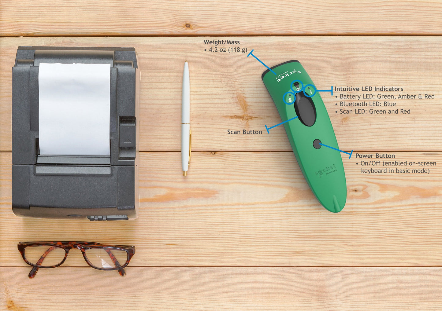 Socketscan S730, 1D Laser Barcode Scanner, Green