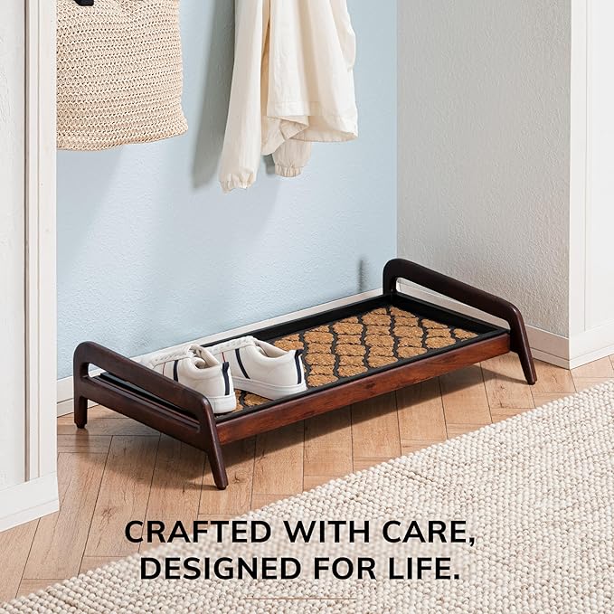Anji Mountain Heavy Duty Waterproof Wooden Shoe Storage Mat Organizer/Boot Storage Tray Multi Use for Entryway with Coir, Tan and Black Trellis Insert, 1 Tier, Fits 3 Pair (36.5" Wide)