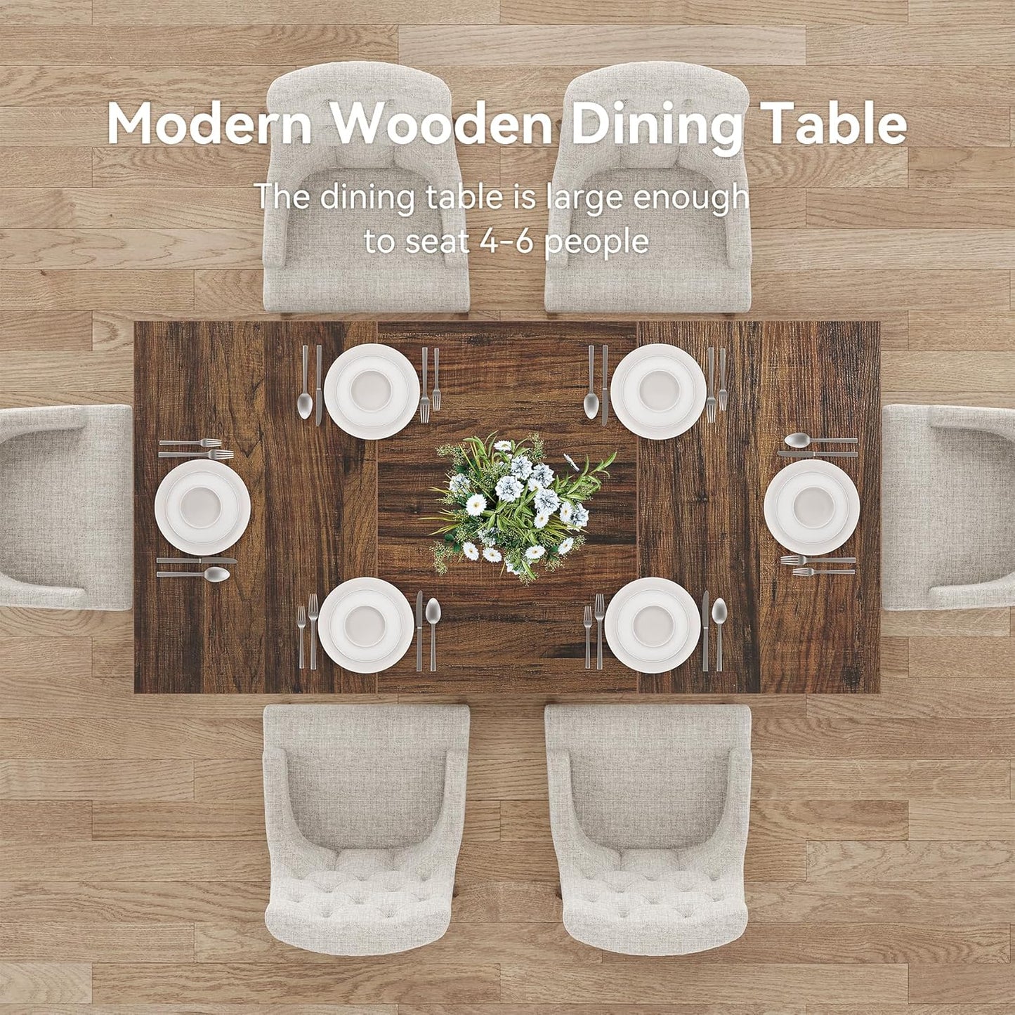 LITTLE TREE Rectangle Dining Table, Modern Kitchen Table Set for 6, Wooden Furniture with Heavy Duty Base, Modern Furniture for Home, Dining Room, Brown & Black