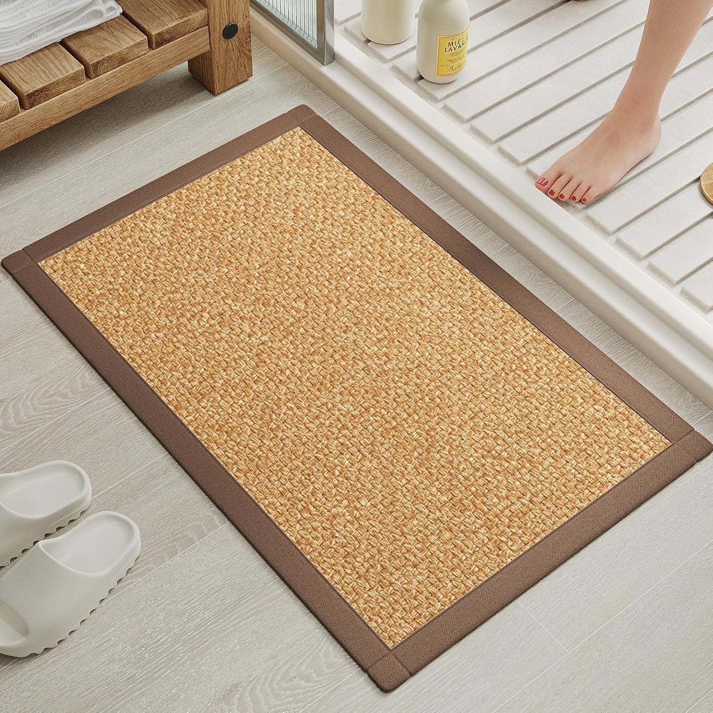 Ultra Thin Quick Dry Bathroom Rugs Mat 24x35, Non Slip Bath Mat for Bathroom Absorbent Mat Floor Rubber Backed Fit Under Door, Woven Washable Bath Rugs, Brown