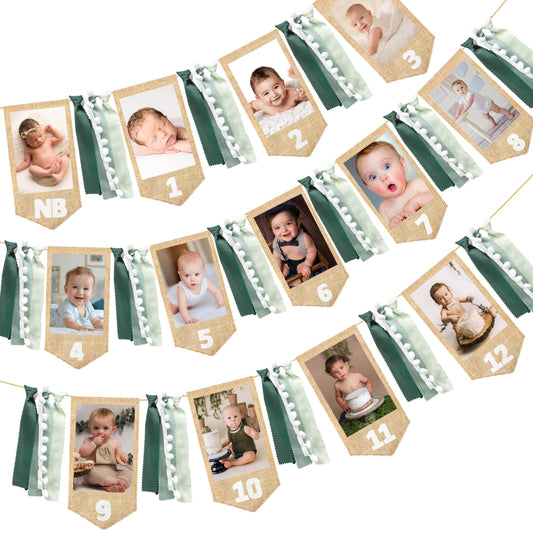 pinkblume 1st Birthday Burlap Photo Banner Garland Handmade Felt from Newborn to 12 Months with Gradient Sage Green Ribbon for Baby Boy Girl Monthly Milestones First Birthday Party Decoration Supplies