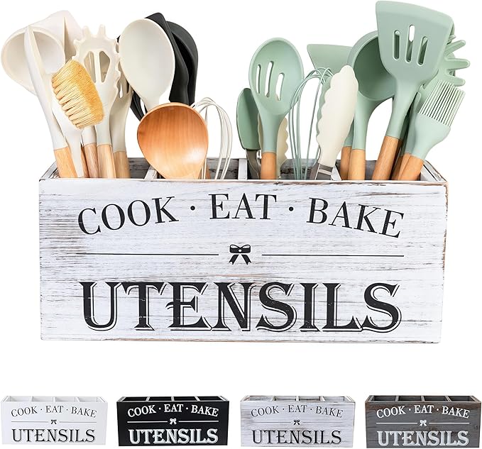 Utensil Holder,Extra Large Wooden Utensil Holder For Kitchen Counter,Cooking Spatula Organizer,Big Storage Caddy With 4 Compartments Flatware Spoon Tool Cutlery(Light White)