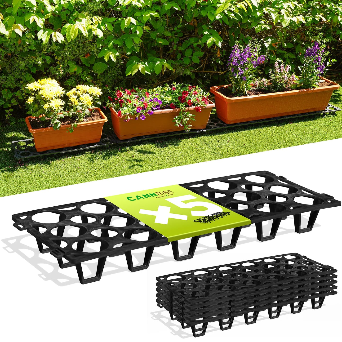 Plant Stand Outdoor – Modular Plant Riser 5 Pack for Pots, Planters & Grow Bags | Heavy-Duty UV-Resistant Elevated Pot Stand for Drainage, Airflow, Root Health & Cleaner Patios – 19.7x7.5x2.4 in (Black)