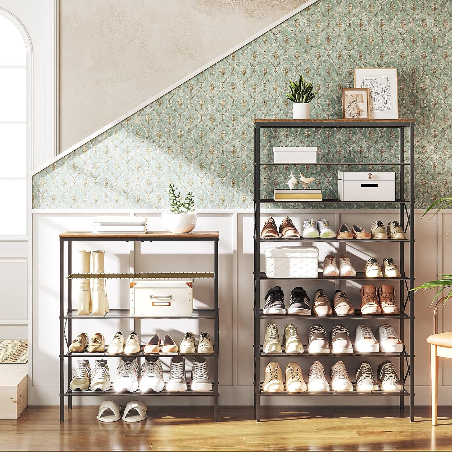 5-Tier Shoe Rack, Shoe Storage for Entryway and Closet, Free Standing Shoe Organizer with Metal Mesh Shelves, 16-20 Pairs of Shoes, Rustic Brown and Black SS05BR