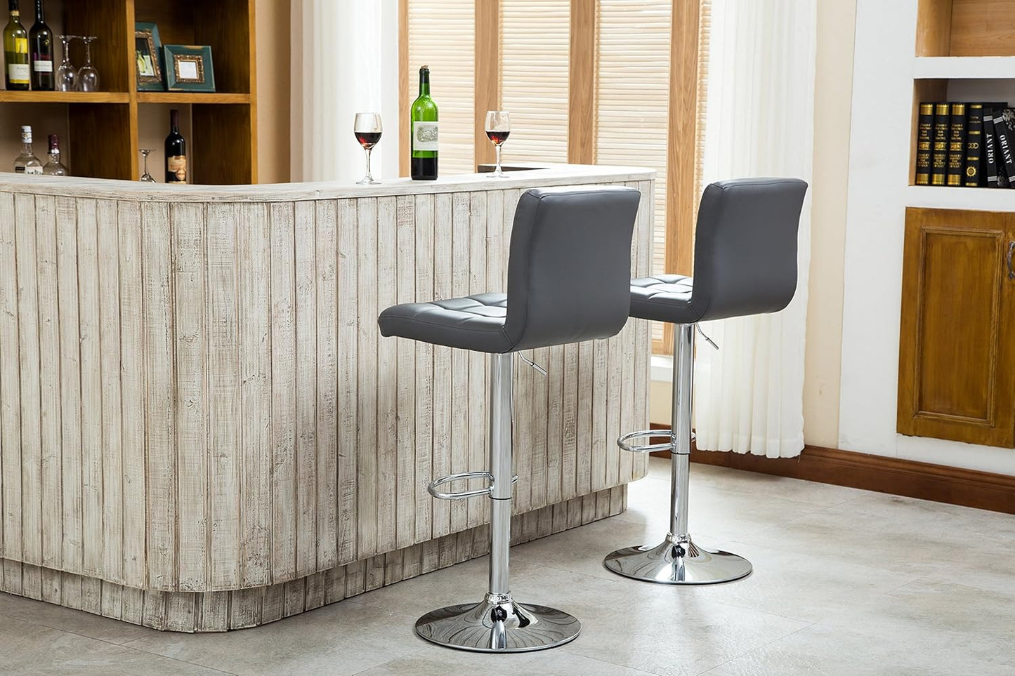 Roundhill Furniture Swivel Leather Adjustable Hydraulic Bar Stool, Set of 2, Gray