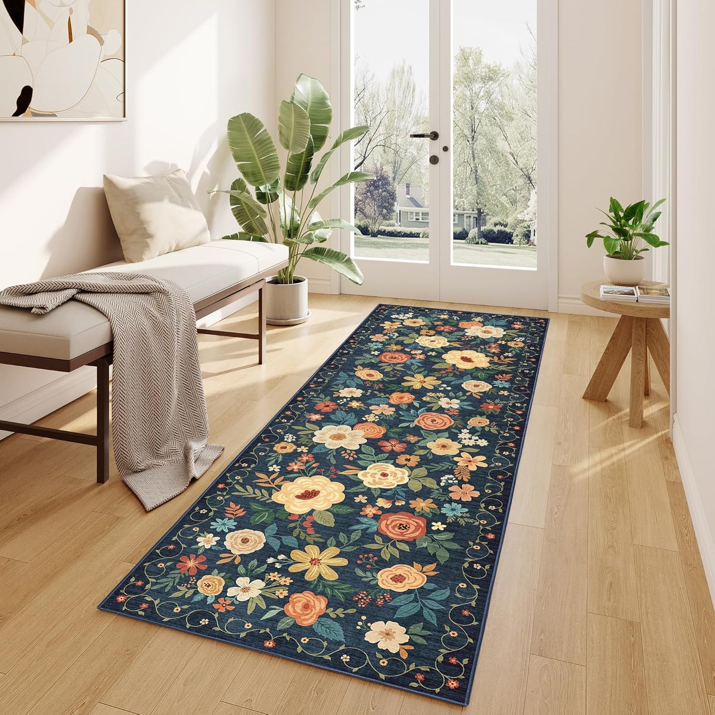 DUKINO 2x6 Runner Rug for Hallway, Washable Kitchen Runner Rug with Non Slip Backing, Low Pile Soft Boho Floral Runner for Kitchen, Hallway, Entryway, Laundry, Bedroom, Dark Blue