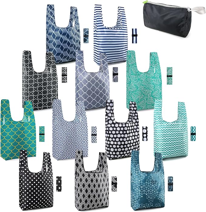 BeeGreen Reusable Foldable Shopping Totes with Handles,12 Pack Heavy Duty Polyester Fabric Geometry Grocery Bags, Large Fashion Reusable Bags for Travel & Groceries, Washable Cloth Bag Bulk