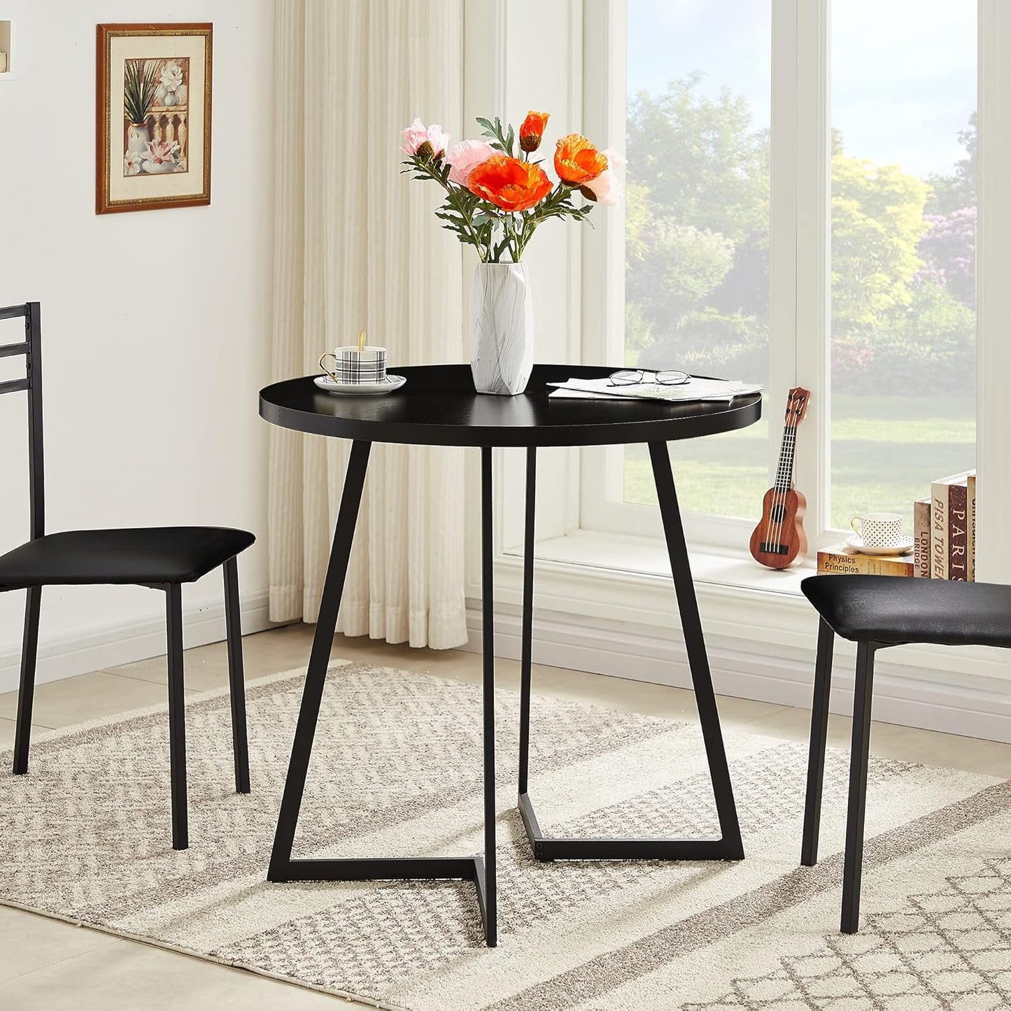 VECELO Round Dining Room Table with Wood Grain Tabletop and Steel Frame, for Kitchen, Living Room, Office, Conference, 2 to 4 Person, Black