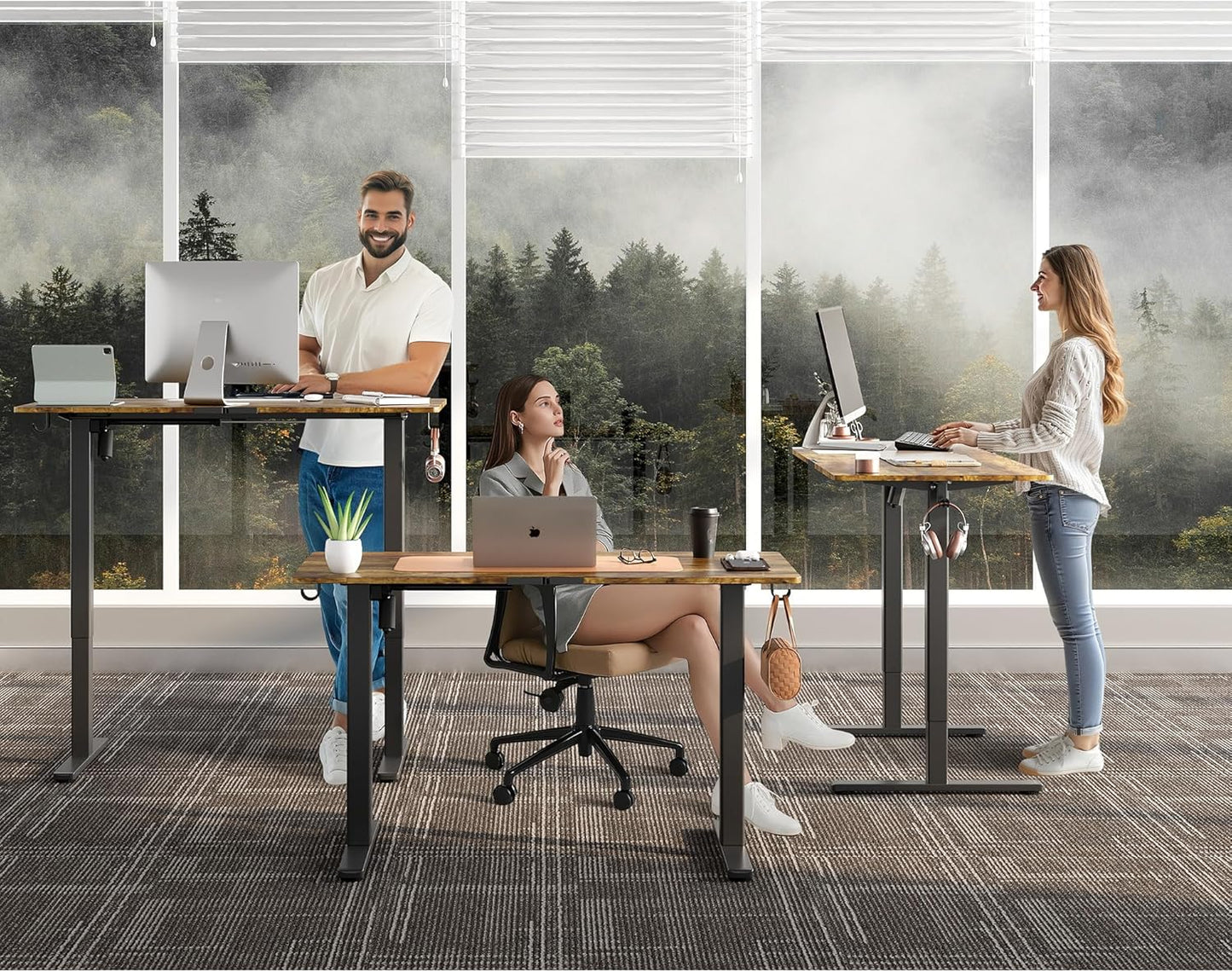 Electric Standing Desk Adjustable Height 55"x24" Stand Up Desk with Lockable Wheels Ergonomic Sit Stand Desk for for Work Office Home Computer Workstation (Rustic Brown)