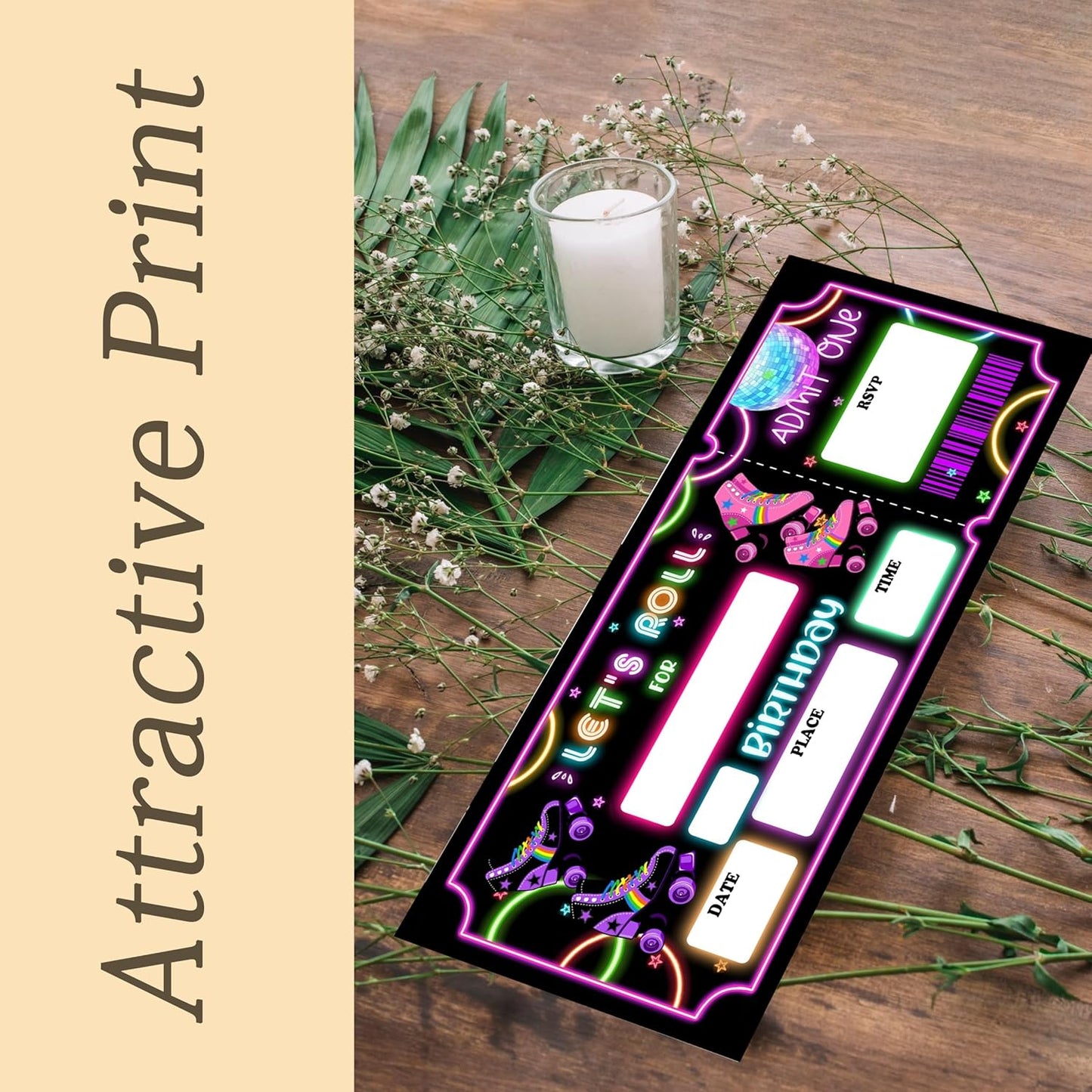 Let's Roll Skate Birthday Invitation with Envelopes-20 Skates Ticket Invite Cards for Skating Lovers Boys-Neon Birthday Cards-Party Favor & Supplies (3×8 inch)-A30