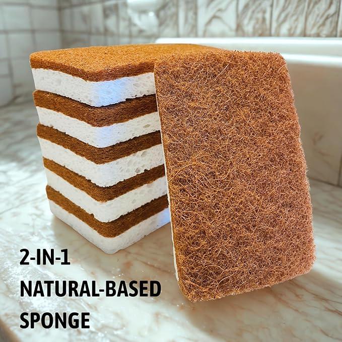 12 PCS Kitchen Sponges for Cleaning, Scrub Sponges for Dishes with Non-Scratch Scourer Pad, Natural Wood Cellulose & Coconut Fiber, for Nonstick Pans, Pots, Cups (2-in-1 Design)
