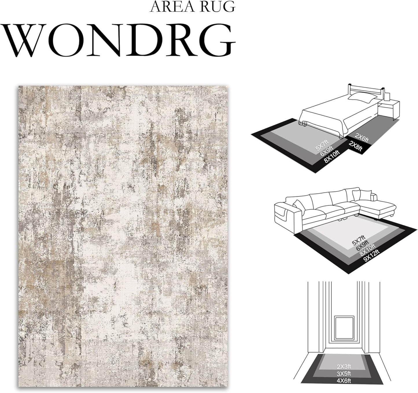 9x12 Washable Area Rug Brown Grey Neutral Abstract Living Room Bedroom Large Throw Rug Non Slip Soft Low Pile Indoor Floor Carpet for Dining Room Kitchen Office Entryway