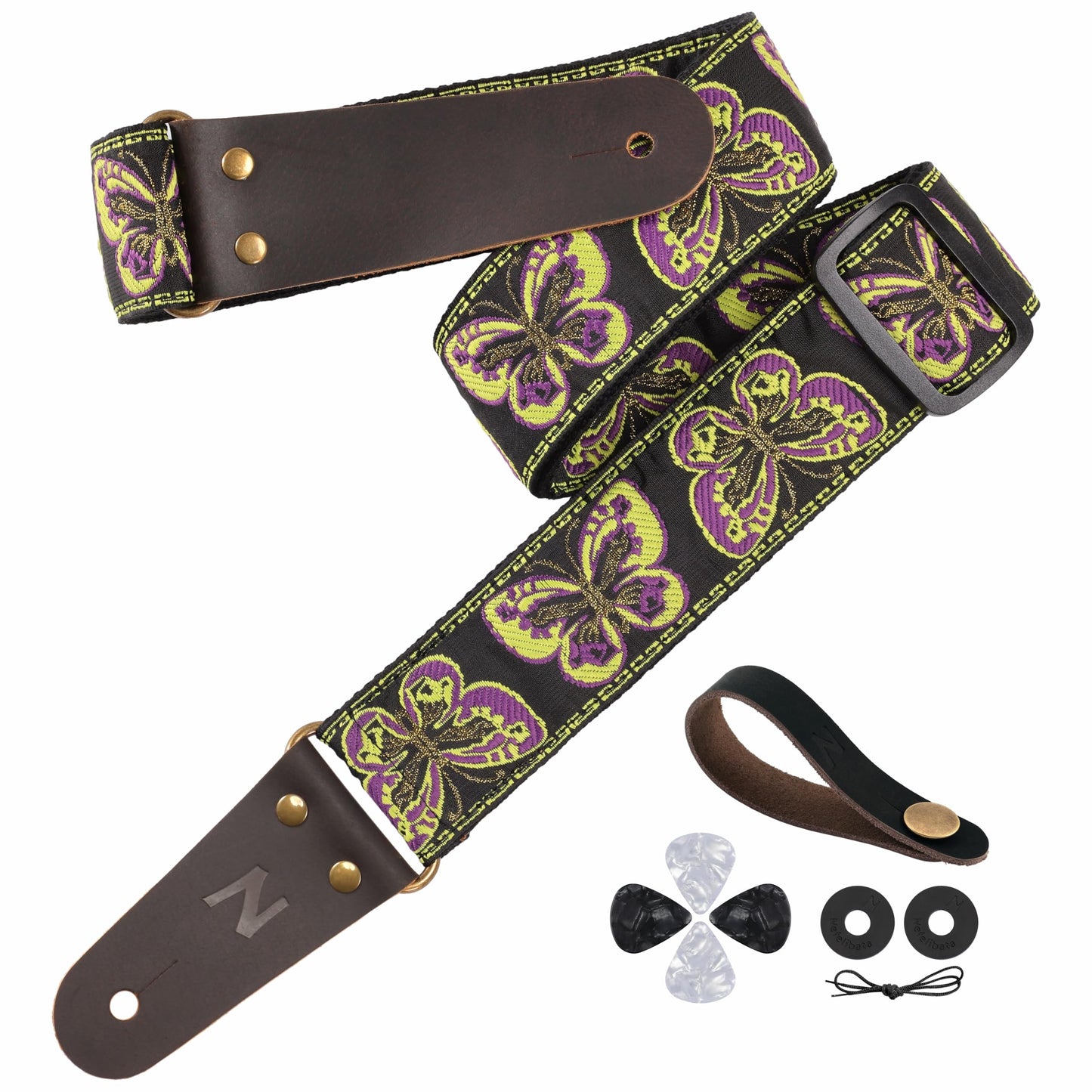 Nefelibata Guitar Strap, 2 Butterfly Embroidery Guitar Straps, Full Grain Leather Ends with Hidden Pocket, for Bass, Electric an