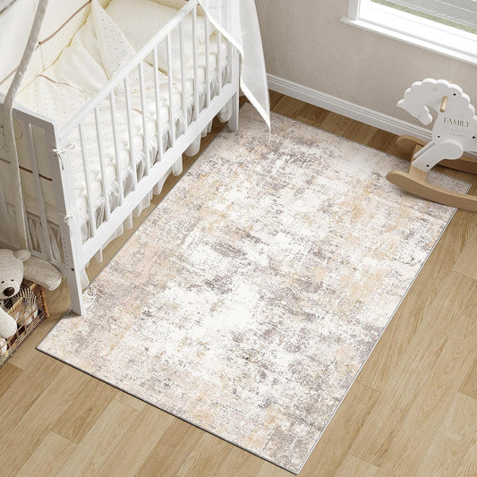 3x5 Washable Area Rug Beige Grey Neutral Abstract Entryway Kitchen Non Slip Low Pile Throw Rug Living Room Bedroom Indoor Doormat Small Soft Carpet for Entrance Bathroom