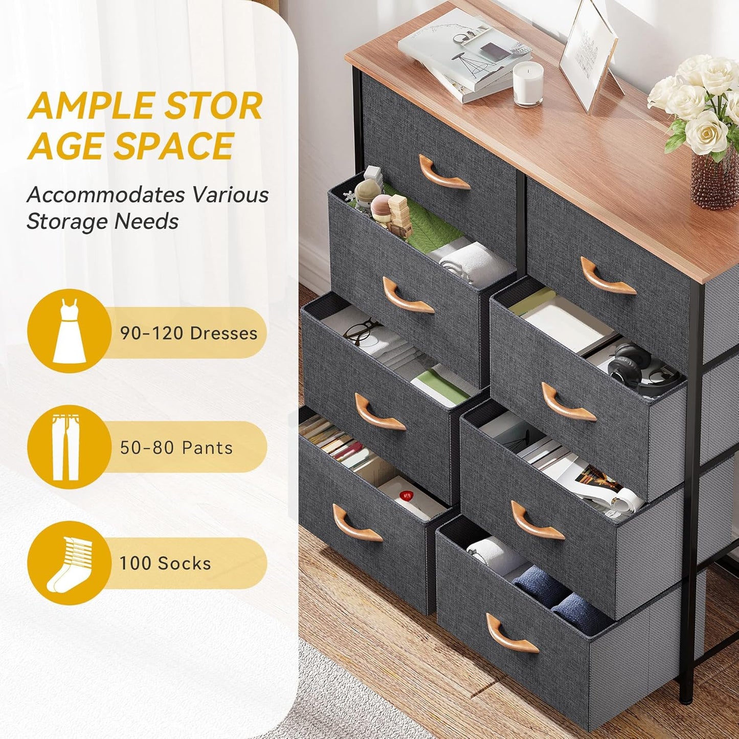 DWVO Dresser for Bedroom, Fabric Dresser with 8 Drawers, Tall Double Drawer Chest of Drawers for Closet, Living Room, Sturdy Steel Frame, Wooden Top, Easy Pull Handle