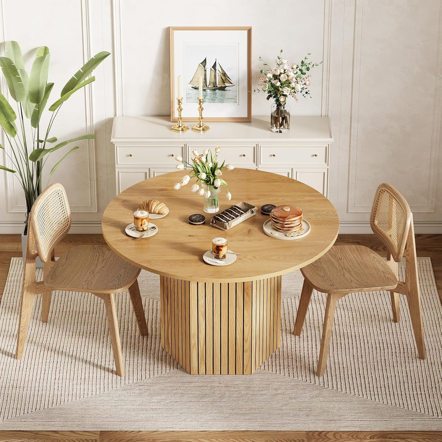 LITTLE TREE Round Wood Dining Table, 47-Inch Small Dining Table for 4, Modern Circle Kitchen Table with Wood Strip Base for Kitchen Living Room, Walnut