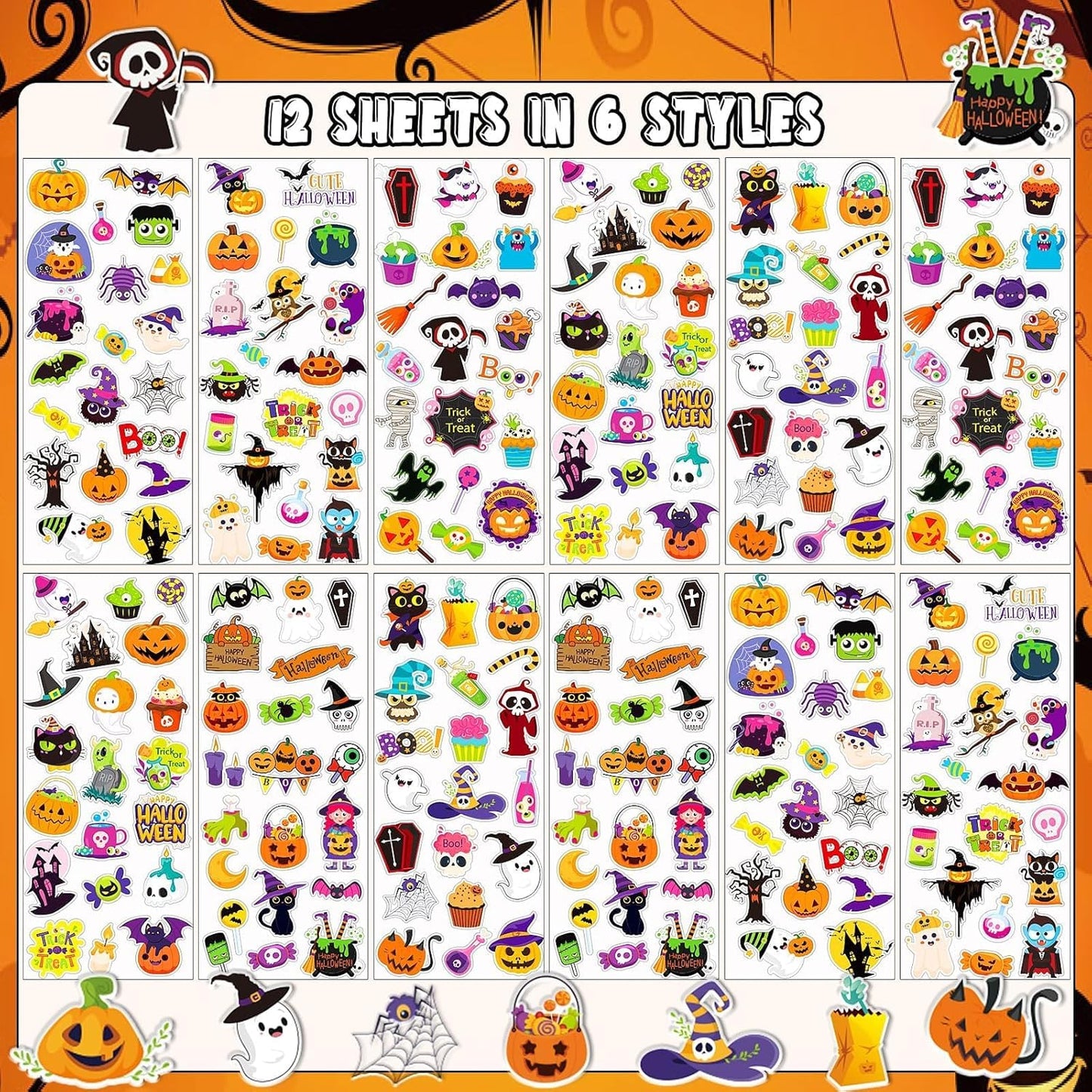 UPINS Halloweens Stickers for Kids, 12 Sheets 3D Happy Halloween Stickers Cute Puffy Stickers Ghost Pumpkin Skull Bat Spider Foam Stickers for Halloween Party Favors Scrapbooking DIY Crafts