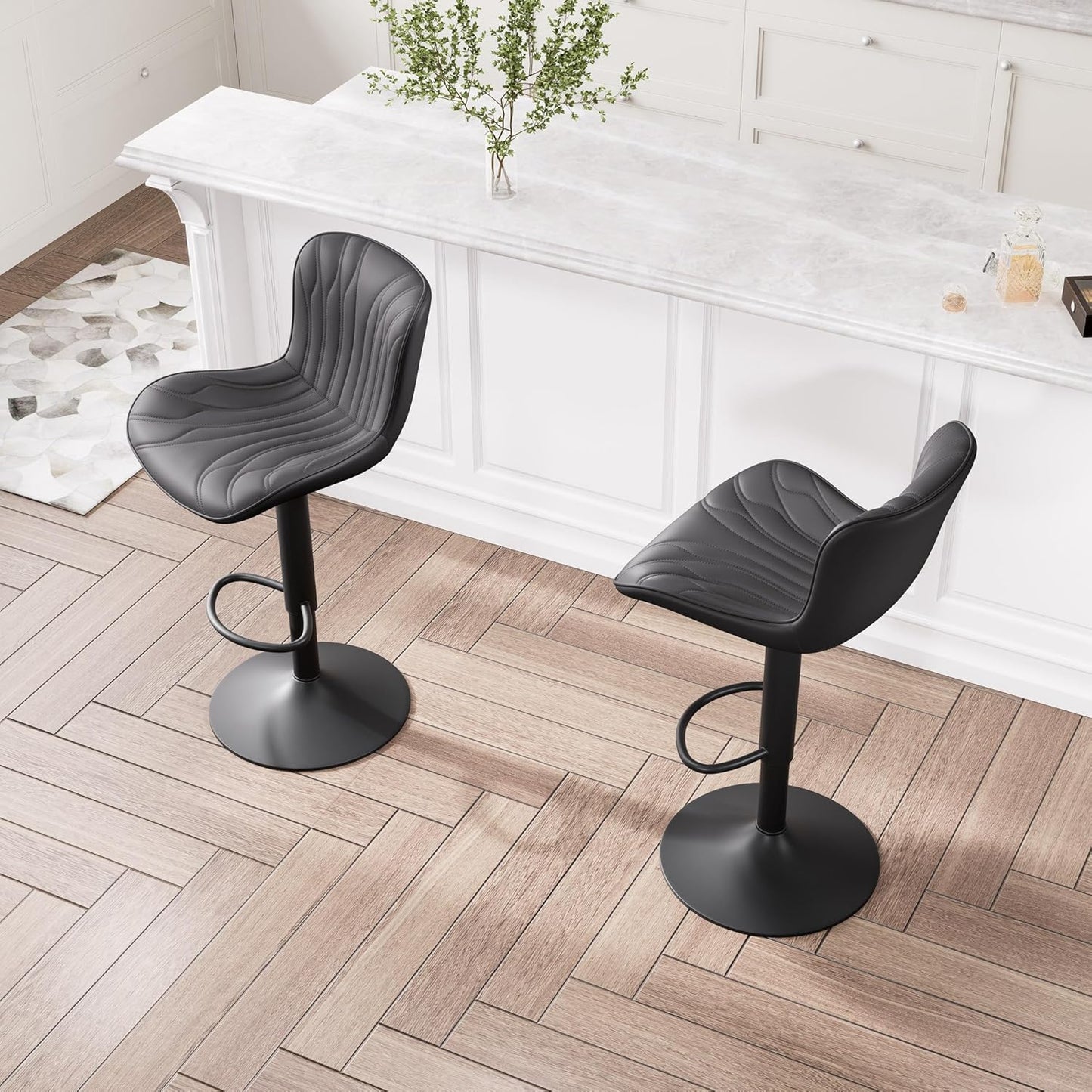 YOUNIKE Black Bar Stools Set of 2 Upholstered Modern Swivel Counter Height Bar Chair with Back Adjustable Kitchen Island Tall Faux Leather Padded Barstools Metal Breakfast
