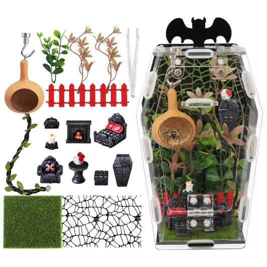 ZUIFIANLE 19PCS Jumping Spider Enclosure Kit, Acrylic Goth Coffin Terrarium with Magnetic Lock & Feeding Hole, DIY Decor Set for Tarantula Mantis Insect Habitat, Black Base