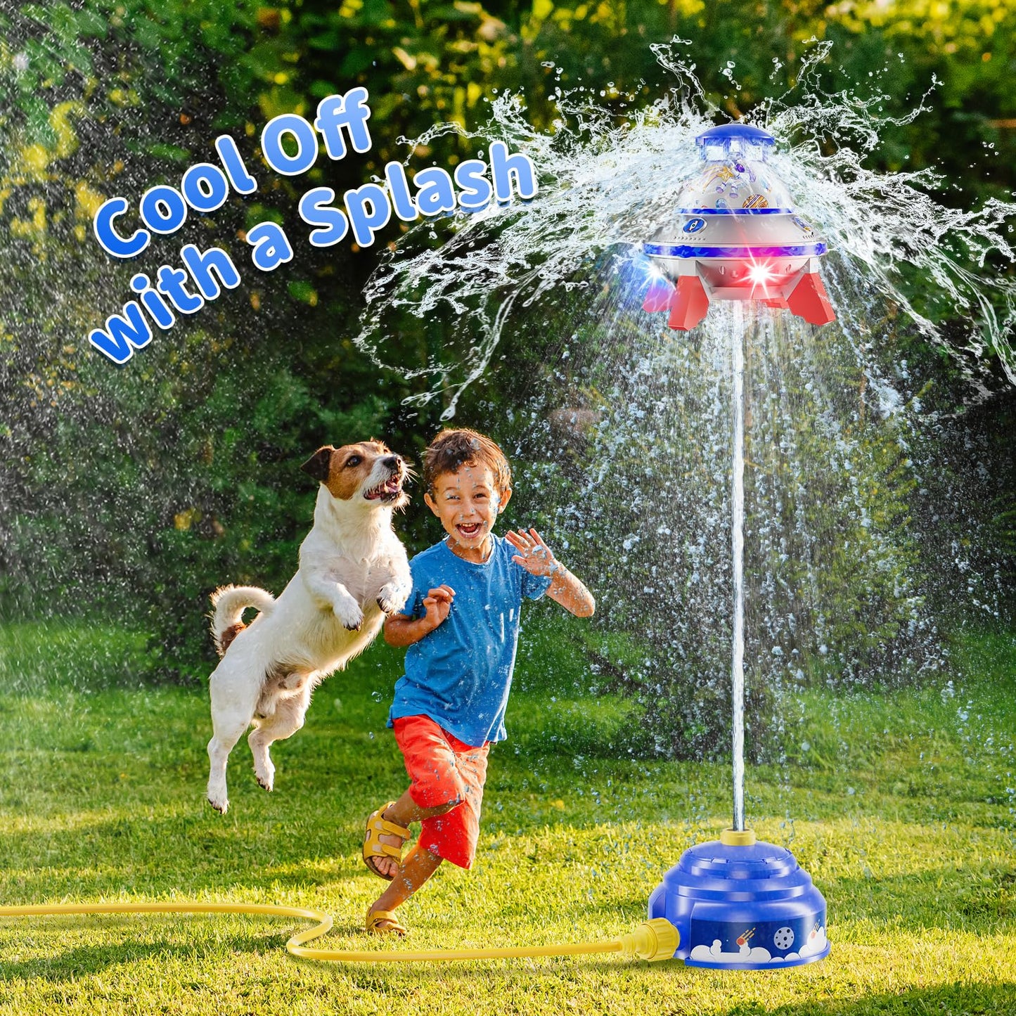 JOI MEW UFO Water Sprinkler for Kids, Water Rocket Toy Outdoor Summer Play W/Light & Spin, Adjustable Height Water Launcher, DIY Space Sticker, Backyard Lawn Gift for Girls Boys 3-12 Year Old Blue