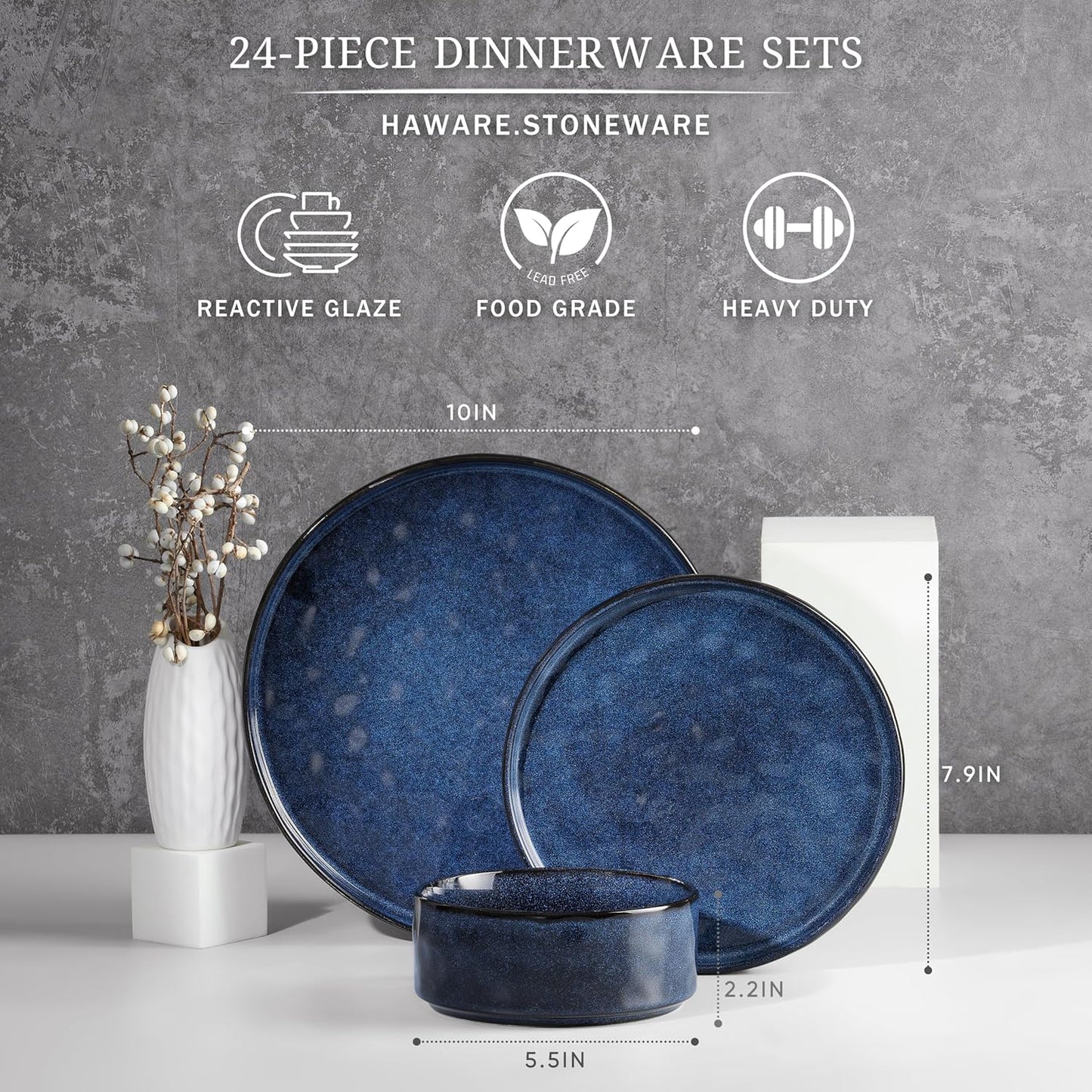 HaWare Dinnerware Sets, 24-Piece Plates and Bowls Set, Stoneware Dish Set for 8, Ceramic Dinnerware for Home Restaurant, Chip and Scratch Resistant, Microwave and Dishwasher Safe, Reactive Starry Blue