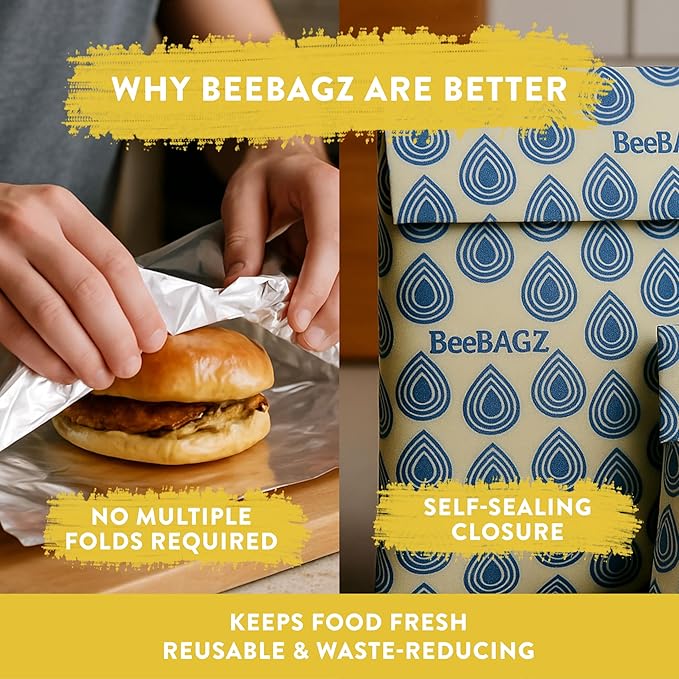 Beeswax Wrap Storage Bag, Reusable Food Storage Bags, Pack of 3, Plastic Free Biodegradable Food Wrap Alternative, Lunch Pack, 2 Small + 1 Medium (Blue)