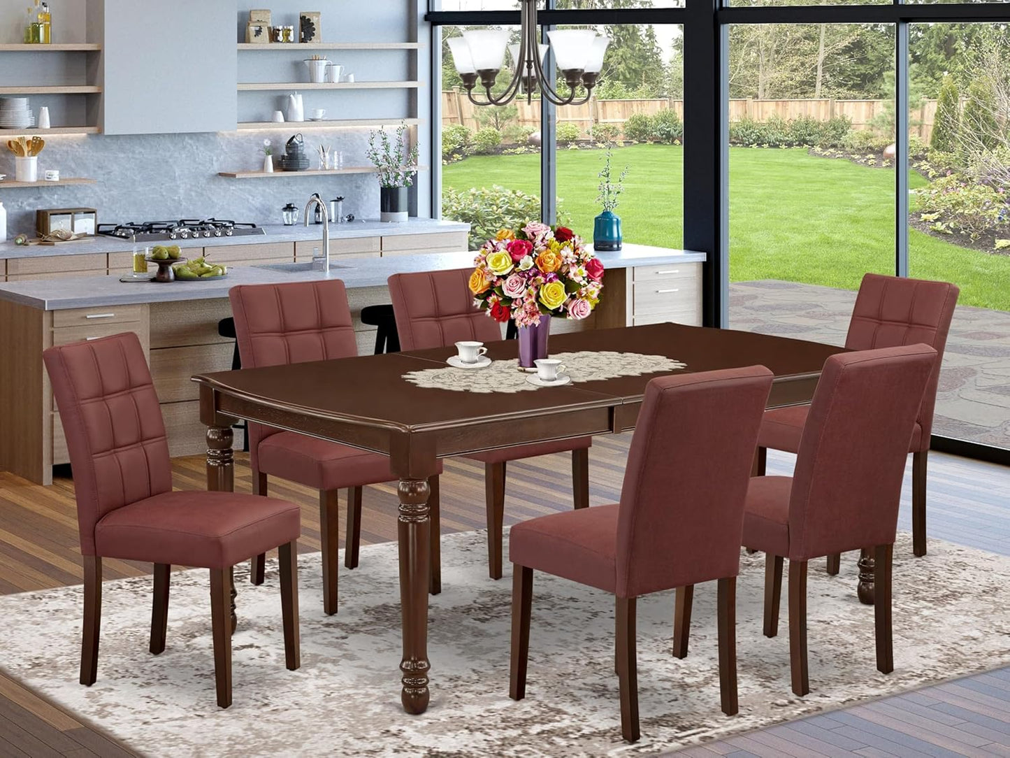 East West Furniture DOAS7-MAH-26 7 Piece Dining Table Set Contain A Dining Room Table and 6 Burgundy Polyester Fabric Upholstered Chairs, Mahogany
