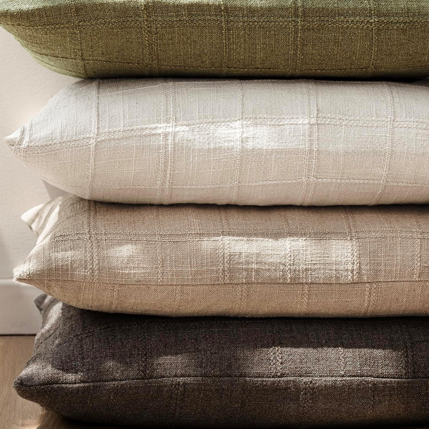 Foindtower Set of 2 Decorative Linen Check Throw Pillow Covers Neutral Farmhouse Vintage Cushion Covers Modern Coastal Boho Home Decor For Sofa Chair Couch Bedroom Living Room Outdoor,20×20 Inch,Camel