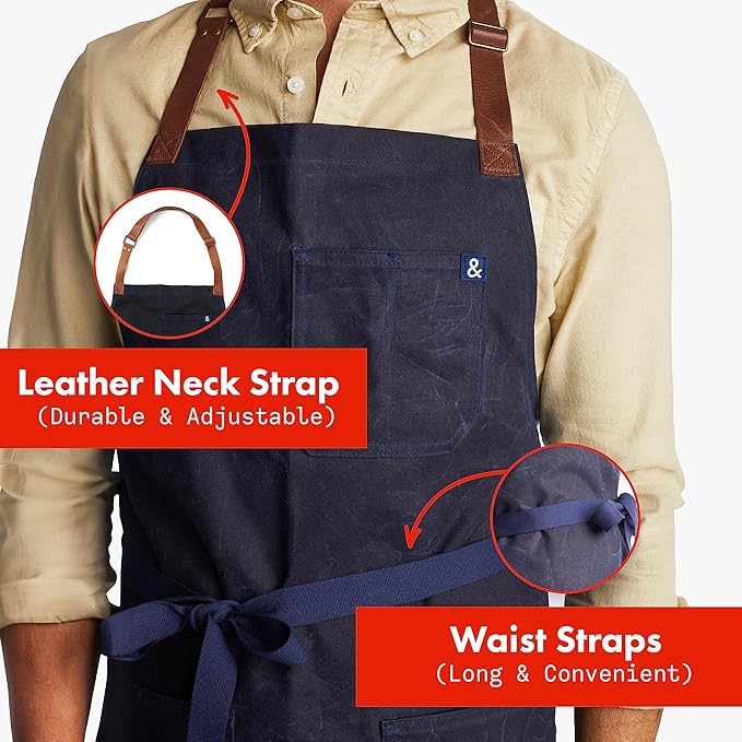 hedley & bennett Waxman Apron - 100% Cotton, Water Resistant, Heavy Duty Waxed Canvas Apron with Pockets & Adjustable Strap for Grilling, Baking, BBQ, Cooking - Professional Chef Apron - Atlantic