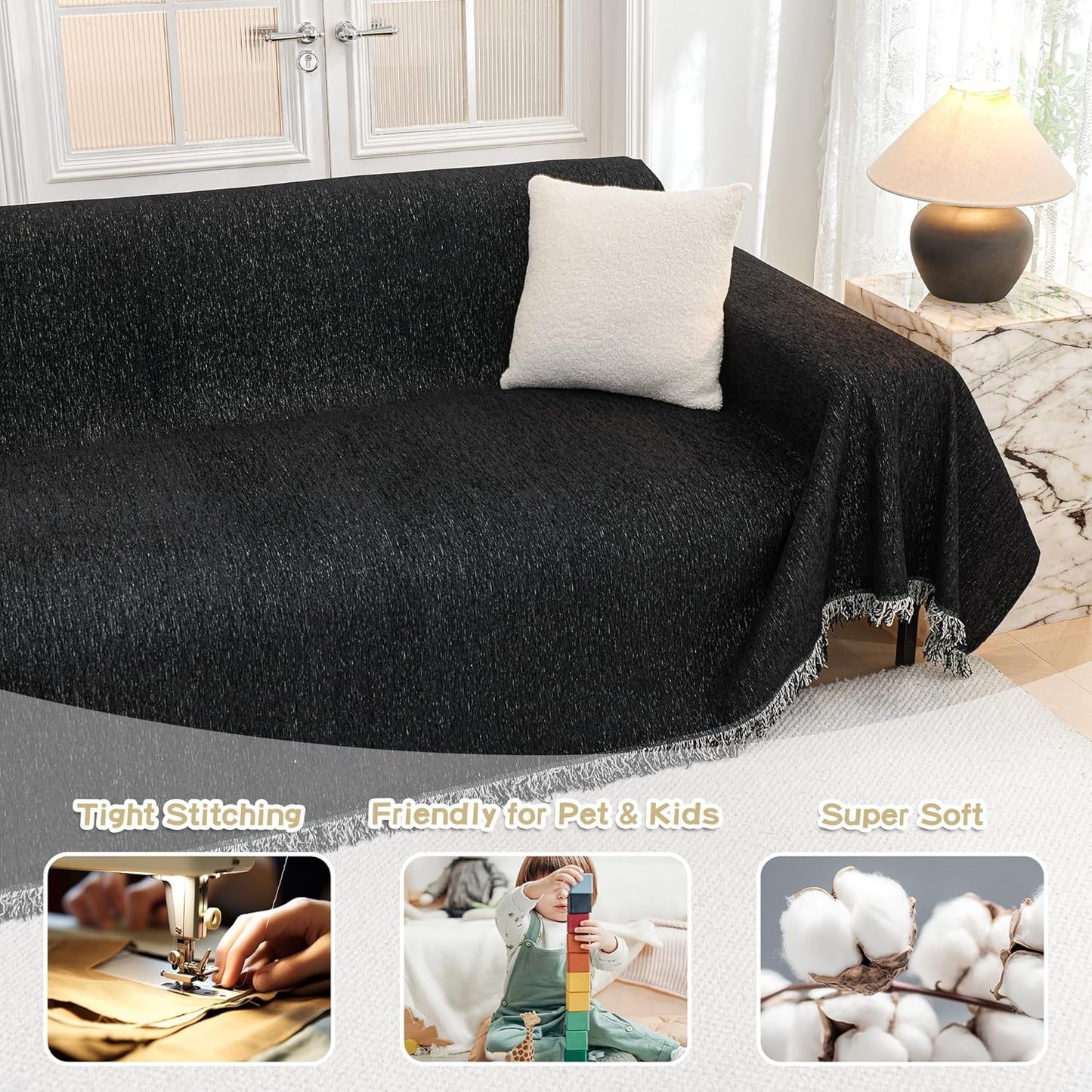 MYSKY HOME Couch Cover for Dogs Washable Couch Covers Couch Covers for Dogs Couch Cover 2 Cushion Sofa Non Slip Dogs Furniture Protector with Tassels Chenille Sofa Covers for Pets, 71"x102", Black