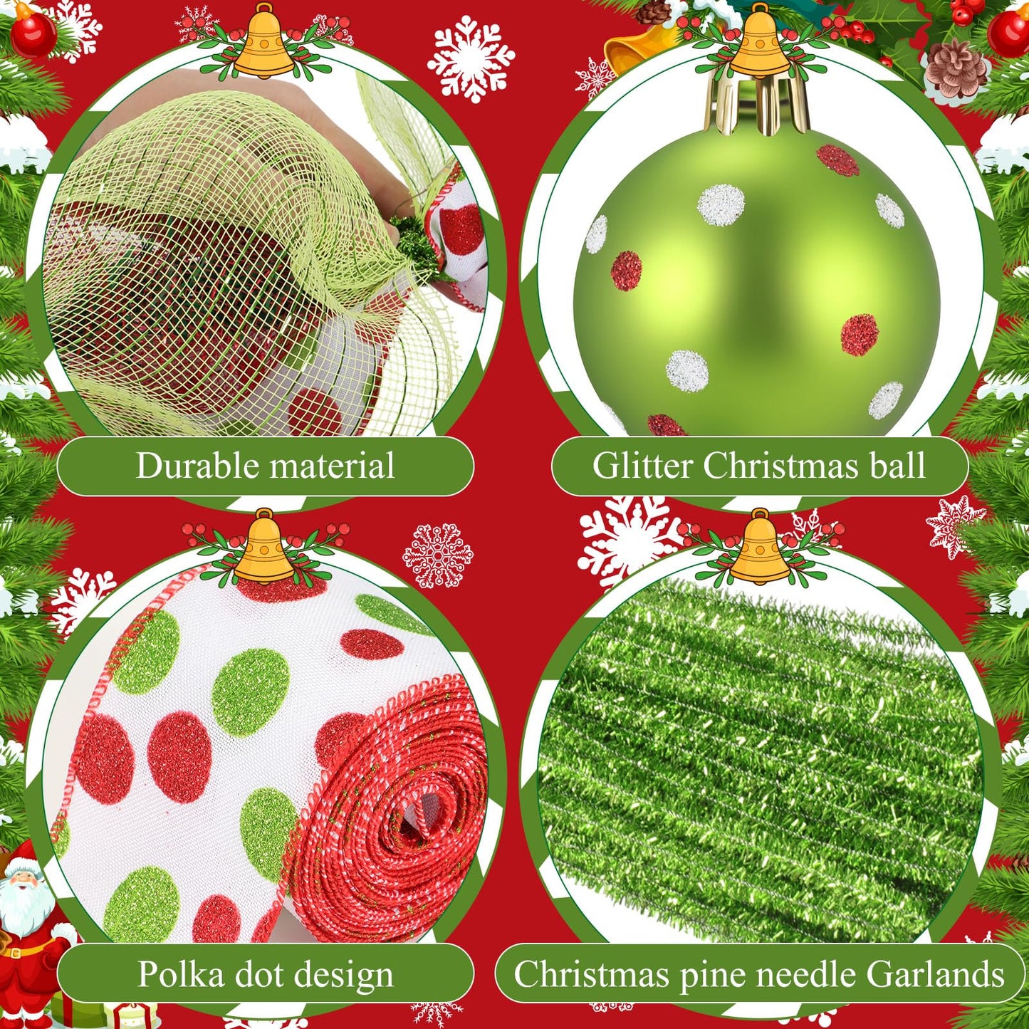 AceOrbit 28 Pcs DIY Christmas Decor Mesh Entryway Garland Decoration Metallic Mesh Ribbon Red Christmas Balls Ribbon Pine Needles Garlands Chenille Stems for Xmas Door Holiday Wreath (Stylish Style)