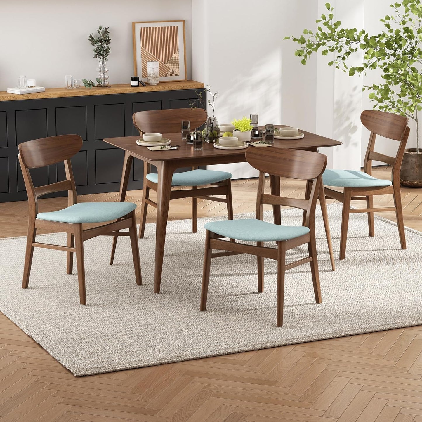 Set of 2 Solid Wood Dining Chairs, Fabric Upholstered Seat Mid-Century Modern Kitchen Furniture for Living Room, Mint+Walnut