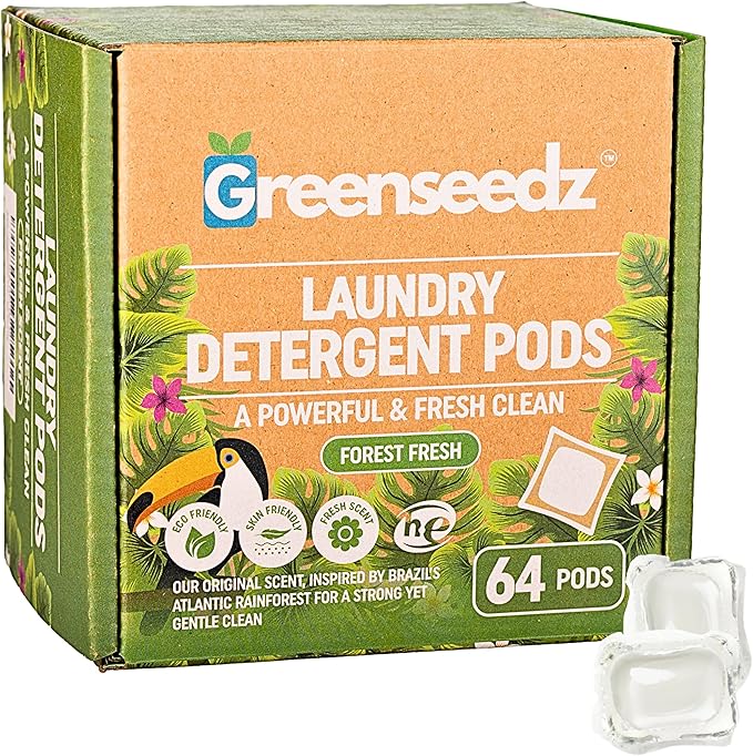 Laundry Detergent Pods, 64 Count, Fresh Scent, Eco Friendly, Biodegradable, HE Compatible, Powerful Stain & Odor Removal, Skin Friendly