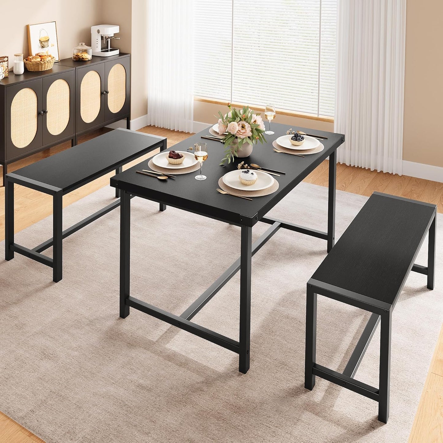 Dining Table Set for 4 with 2 Benches, 3-Piece Kitchen Table Set, Space-Saving Dining Set for Kitchen, Dining Room, Black