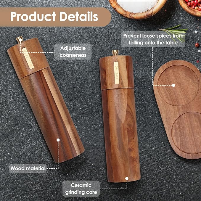 Wooden Salt and Pepper Grinder Set, 8 inch Manual Salt and Pepper Mill with Brush and Spoon, Adjustable Coarseness, Refillable Pepper Grinder for Kitchen, Brown