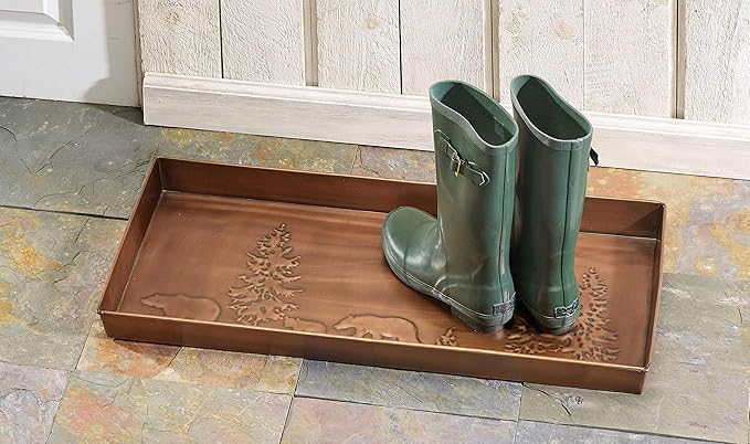 HF by LT Bear Pattern Metal Boot Tray, 30 x 13 inches, Antique Copper Finish