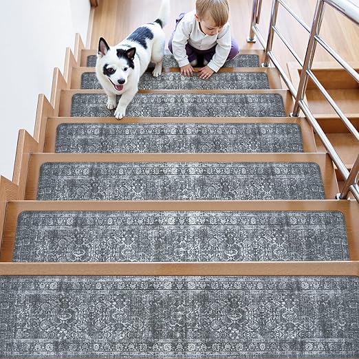 OJIA Vintage Stair Treads Non-Slip Stair Runner for Wooden Steps Indoor 15PCS 30"x8" Carpet Stair Treads Stair Mats Staircase Step Treads for Kids, Elders and Dogs, Stair Covers, Dark Gray
