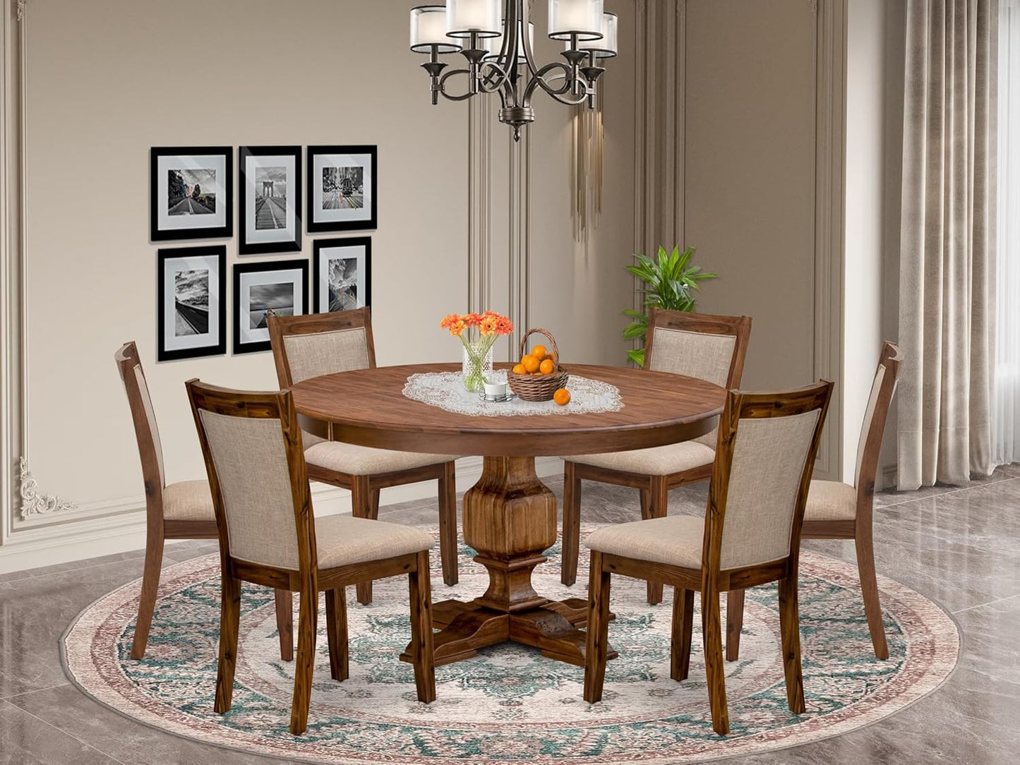 F3MZ7-50N-04 7-Pc Kitchen Table Set Includes a Pedestal Table and 6 Light Tan Polyester Dining Room Chairs with Padded Back - Antique Walnut