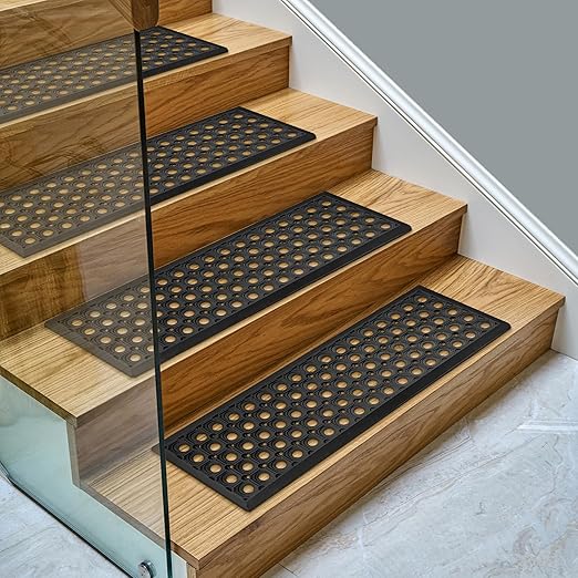 Ottomanson Outdoor Rubber Stair Treads – Circles Heavy-Duty Non Slip Stair Mats – Strong Grip for Concrete, Brick & Textured Steps – Extra Securing on Wooden & RV Steps, Pack of 5