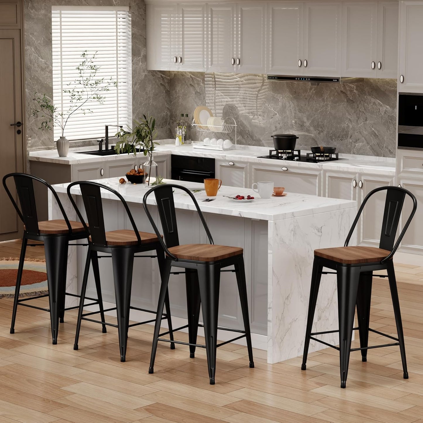 Changjie Furniture 26 Inch Metal Barstools Set of 4 Counter Height Bar Stools Industrial Stools with Backs High Back Chairs for Kitchen Island (26 Inch, Black)