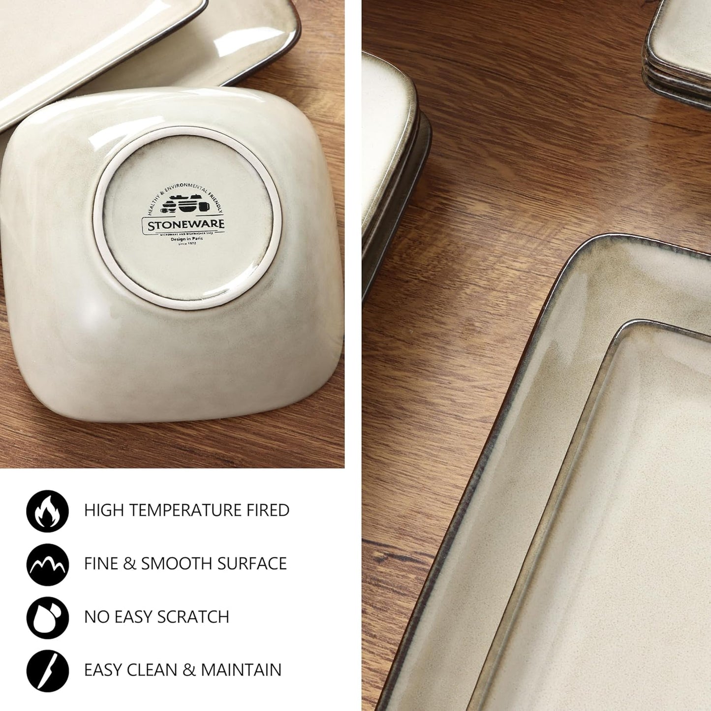 E-far Square Dinnerware Sets for 8, 24-Piece Stoneware Plates and Bowls Dishes Set, Reactive Glaze Porcelain Dishware Sets, Chip & Scratch Resistant, Microwave & Dishwasher Safe, Sandy Beige