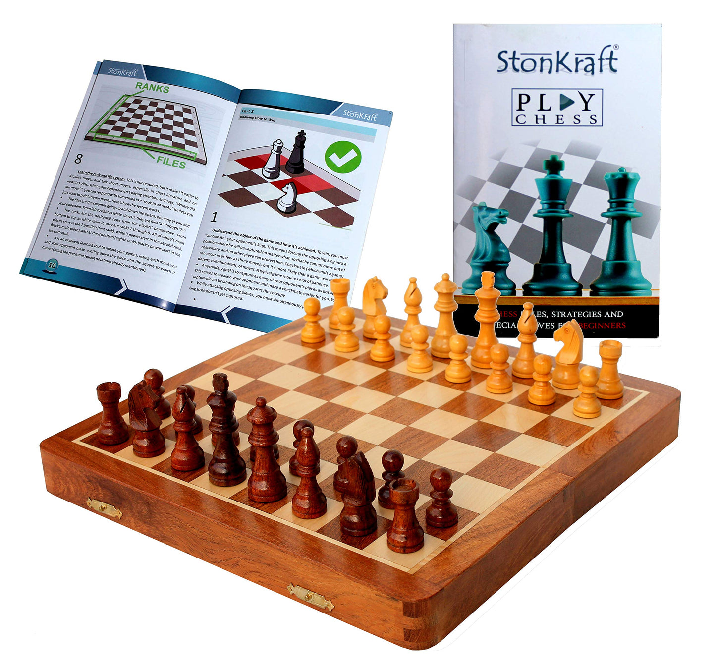 StonKraft 12" x 12" Inch Wooden Foldable Chess Board Game Set with Wooden Chess Pieces + Colored Chess Book
