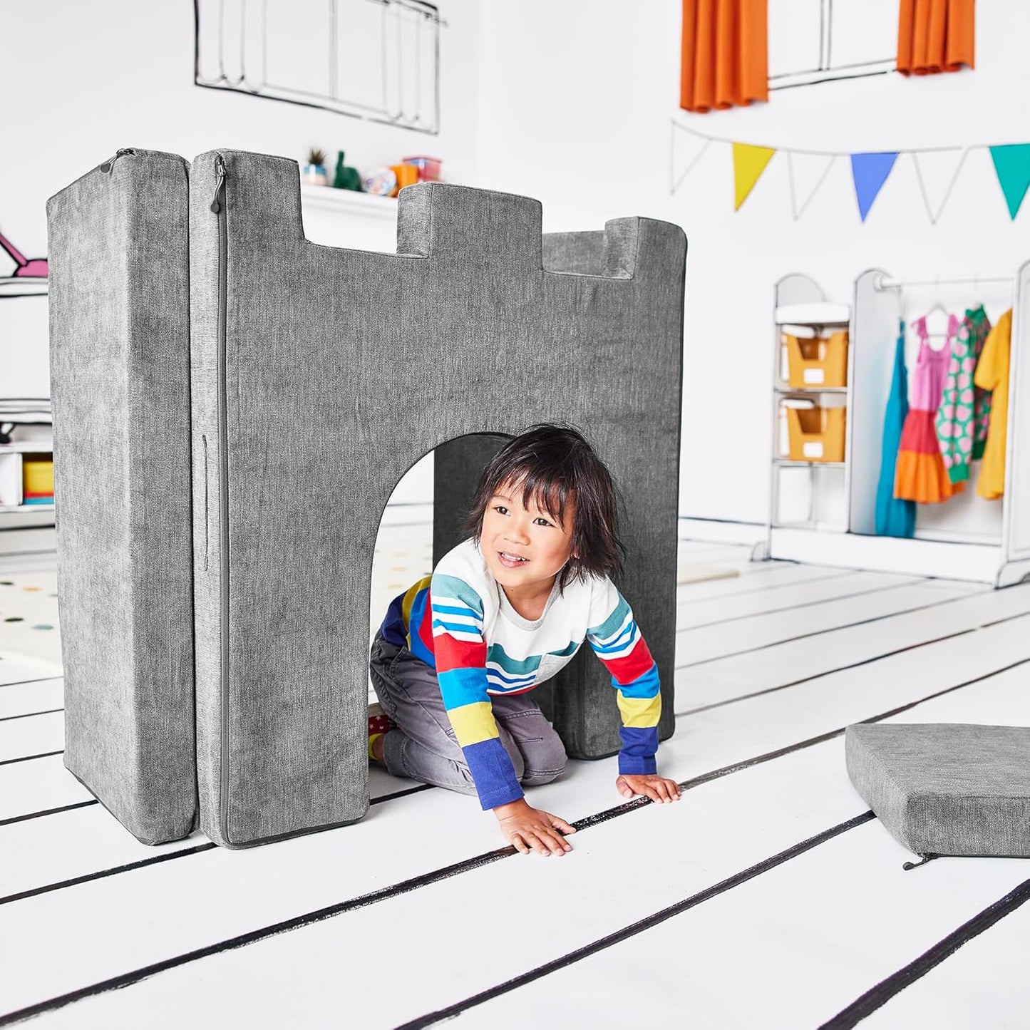 Yourigami Kids and Toddler Play Castle, Playroom Couch Add-On Set, Durable Modular Design, Mountain Gray