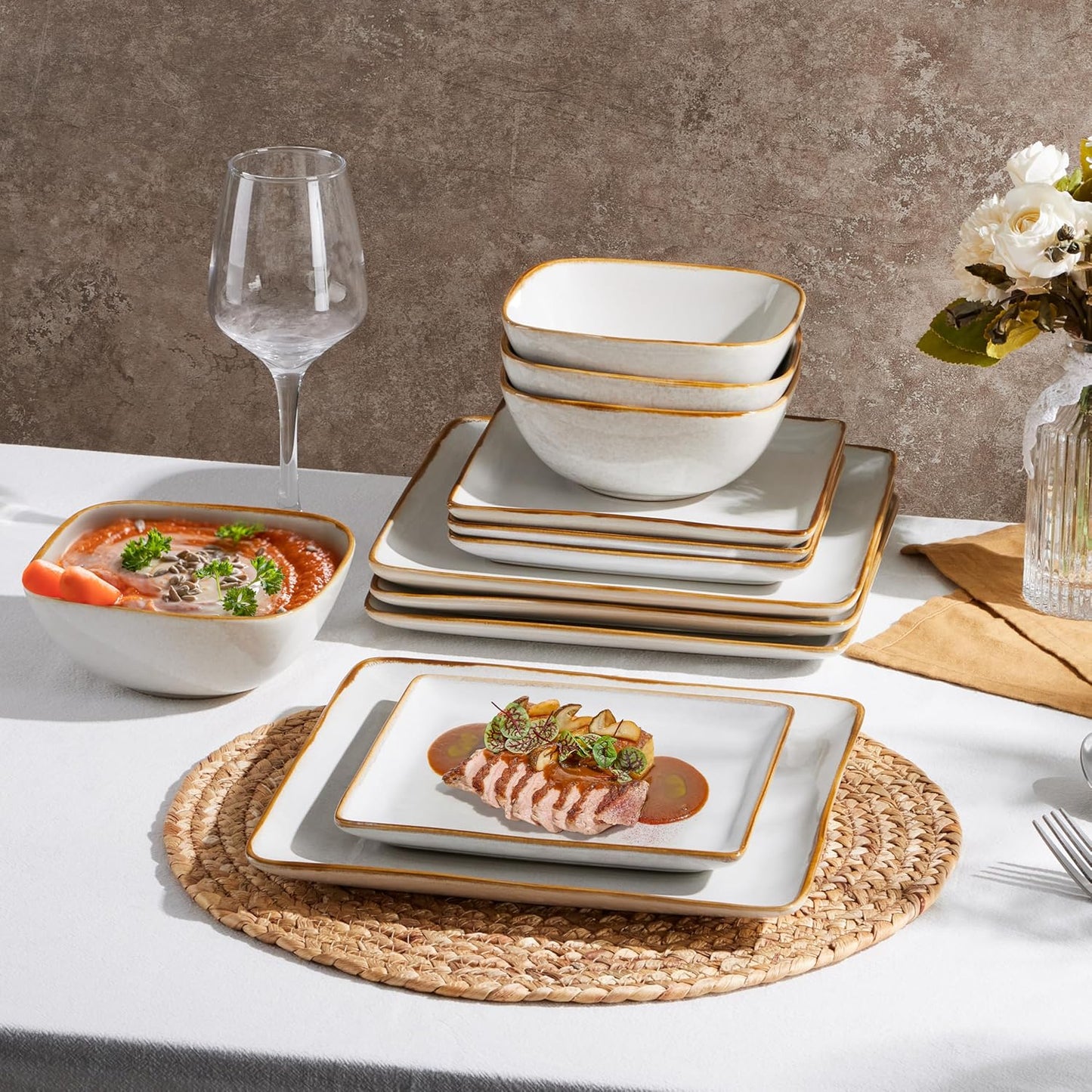 E-far Square Plates and Bowls Sets, 12-Piece Stoneware Dinnerware Sets for 4, Reactive Glaze Dish Set, Chip and Scratch Resistant, Microwave and Dishwasher Safe, Seashell White